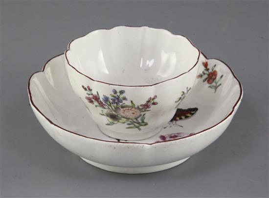 A Chelsea petal lobed tea bowl and saucer, c.1755, saucer 11cm